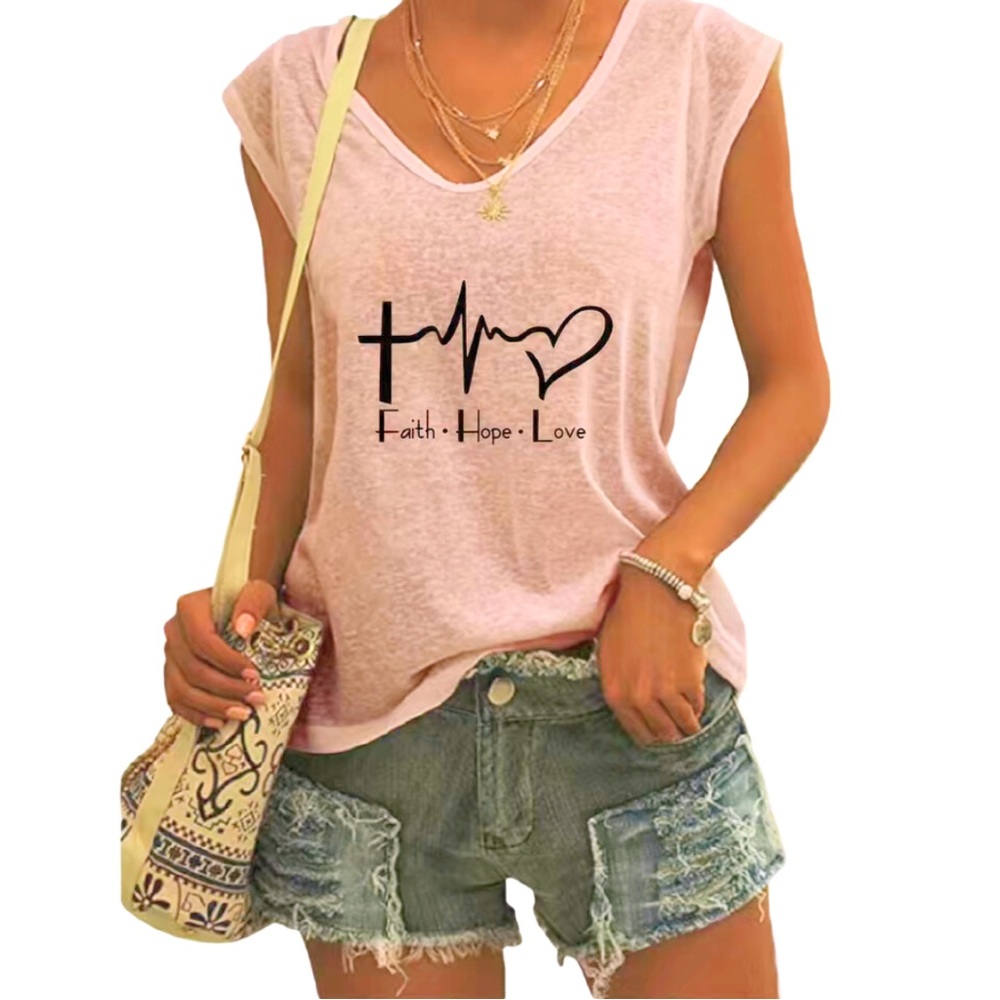 New Cap Sleeve T-Shirt | Faith, Hope, Love in EKG Pattern | Heathered/burnout T